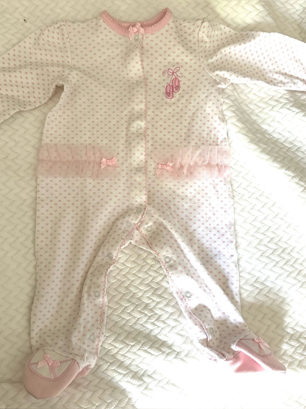 Little Me-Pink Heart Print Baby Footed “Ballet”Sleeper. 9 Mo